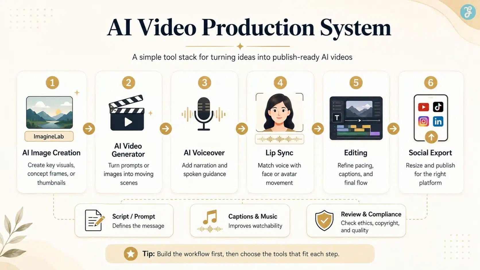 AI video production tool stack from image creation to social export