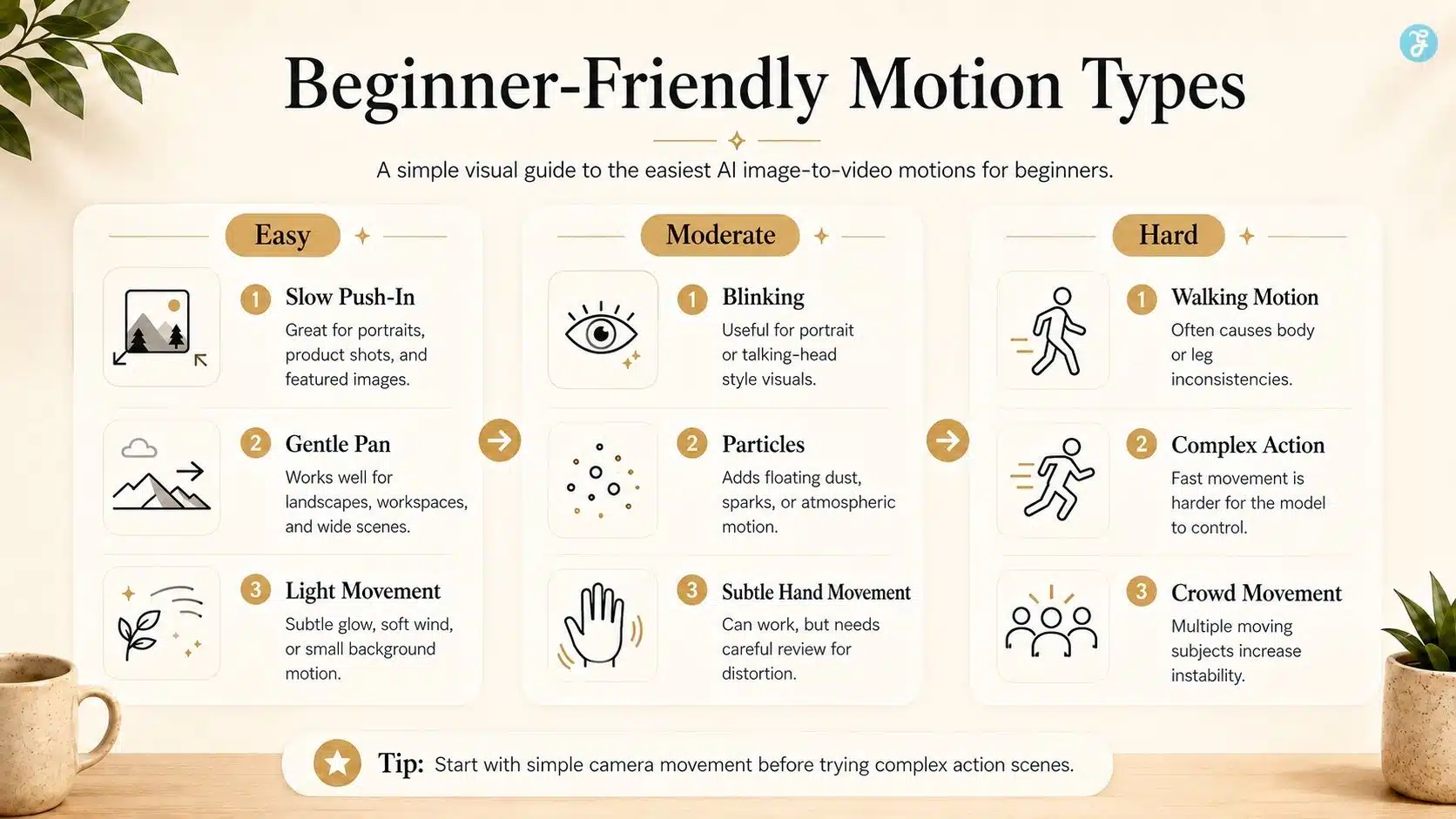 Beginner-friendly image to video motion types ranked by difficulty