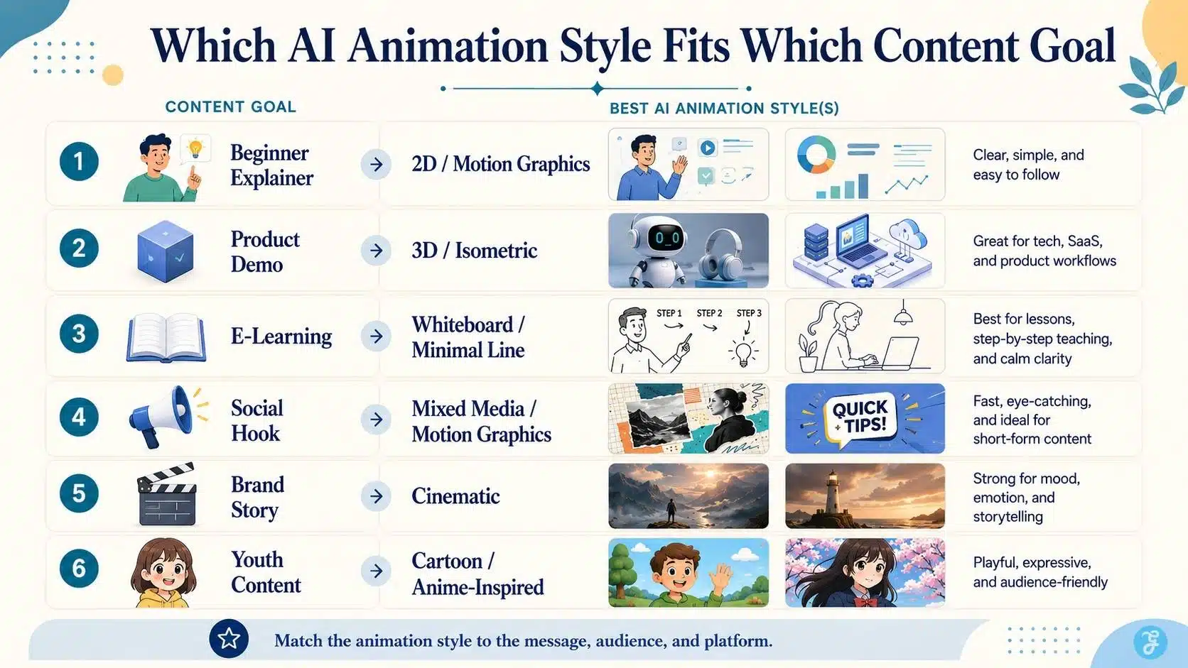 Best AI animation styles for different content goals