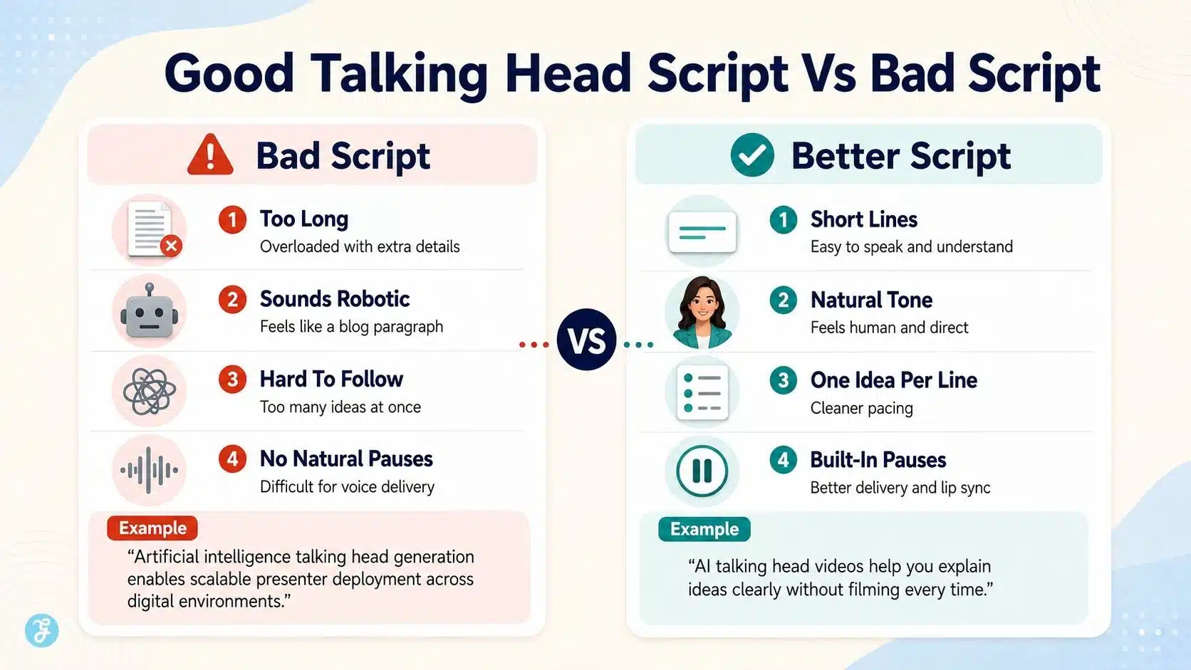 Good versus bad script example for AI talking head videos