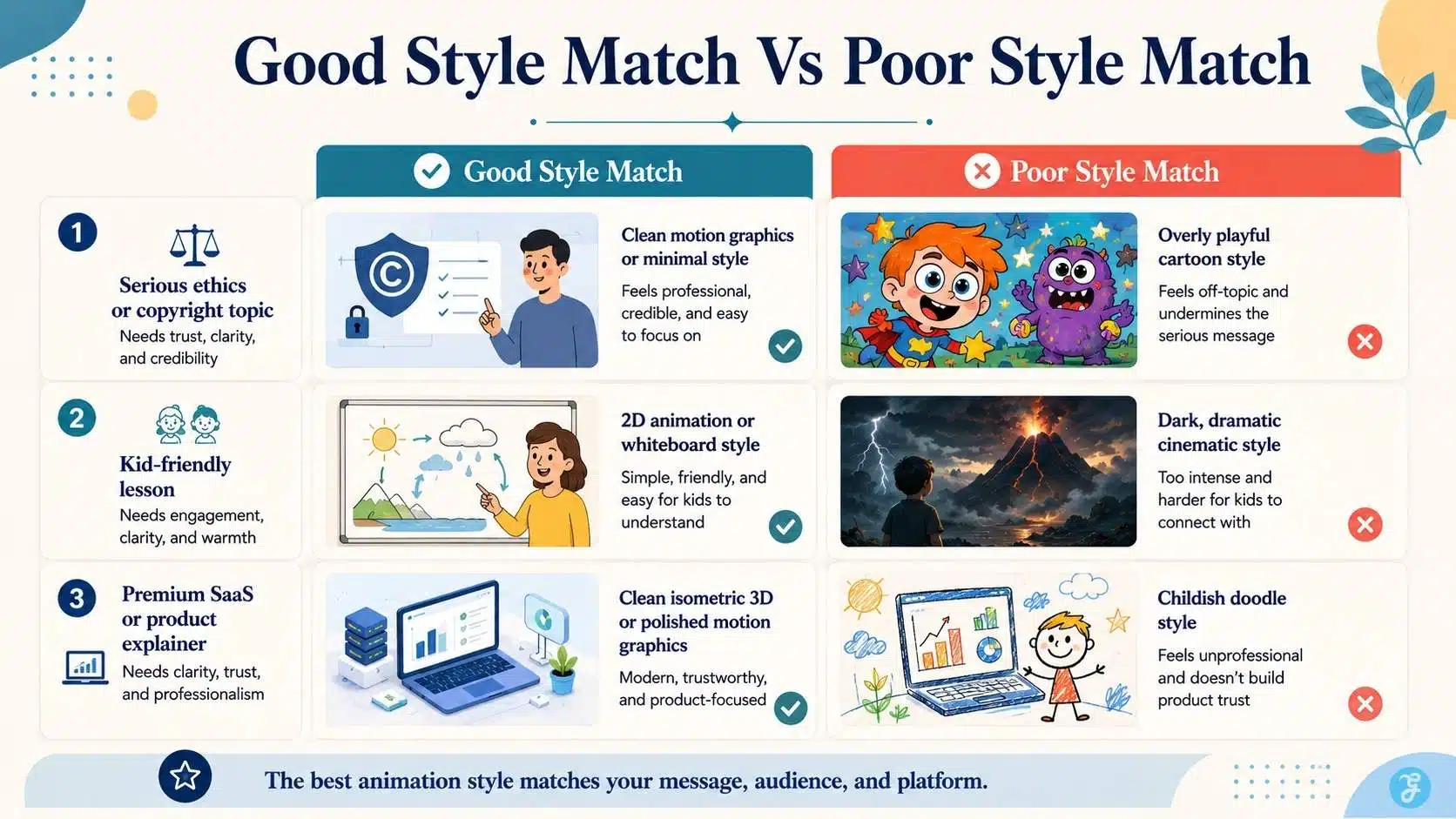 Good versus poor AI animation style match examples