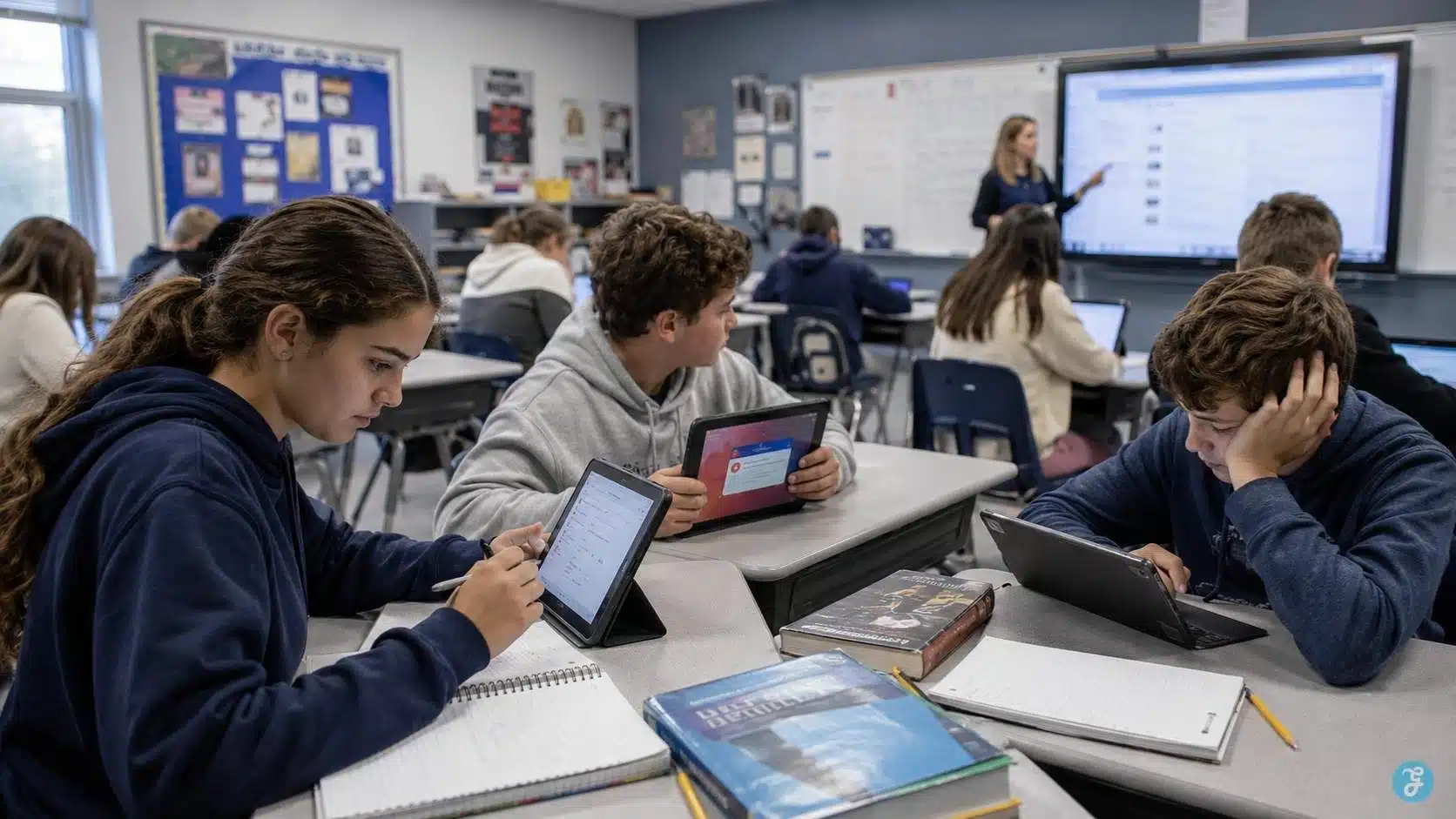 Students distracted by tablets during a digital classroom lesson