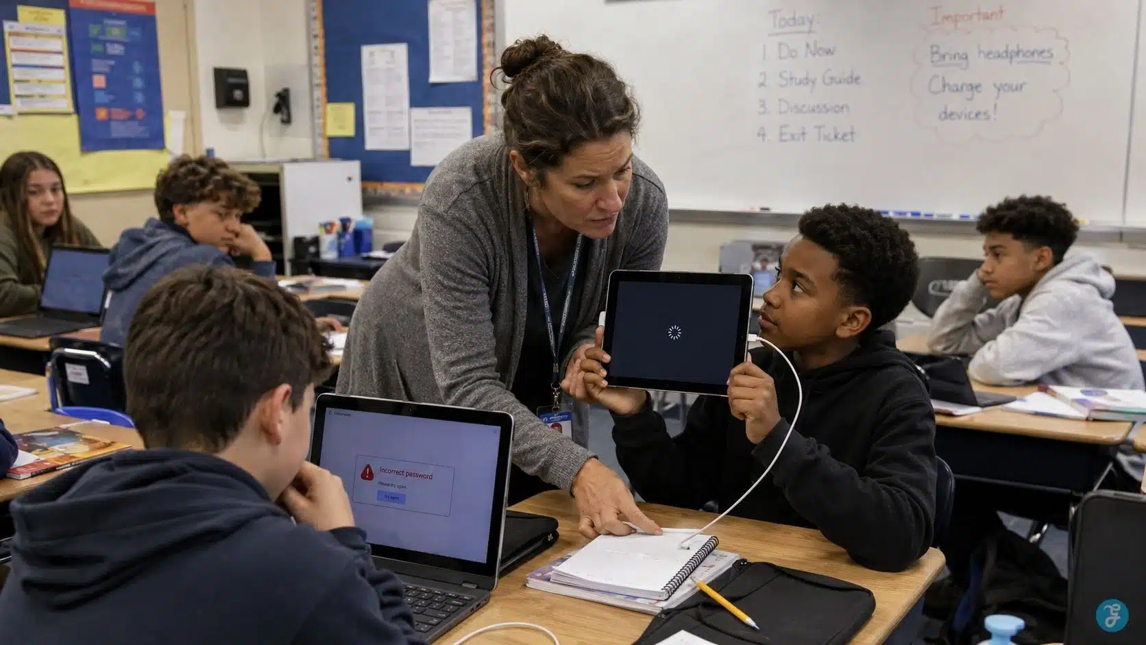 Teacher helping students with tablet problems