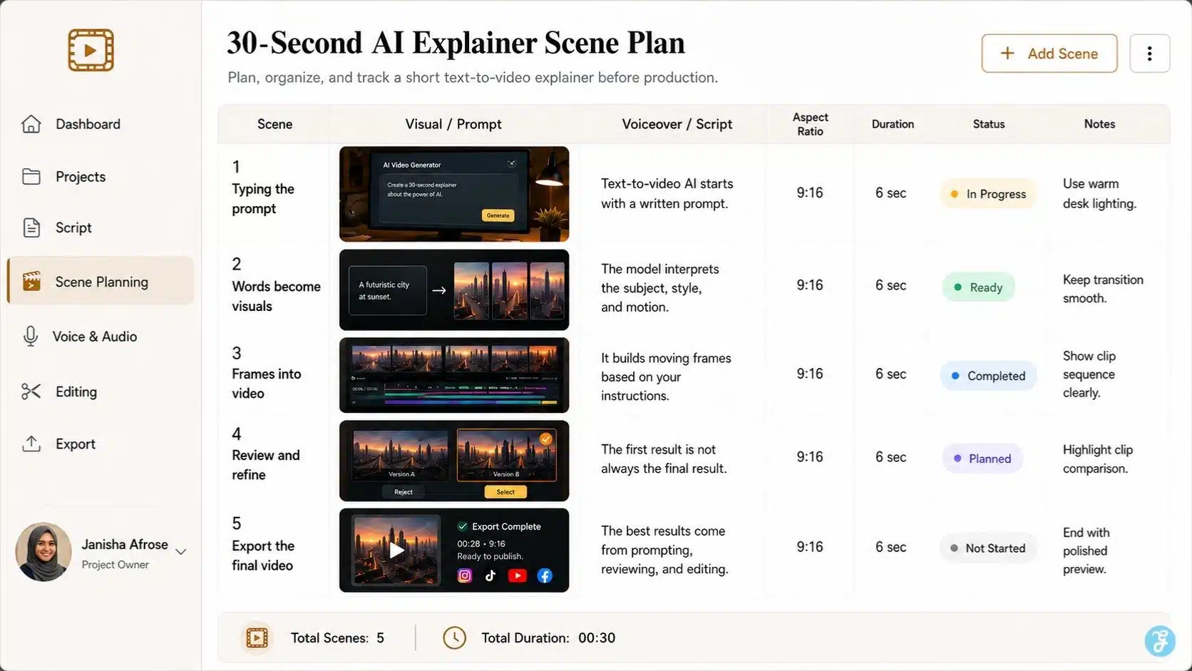 Text-to-video AI scene planning board for a 30-second explainer