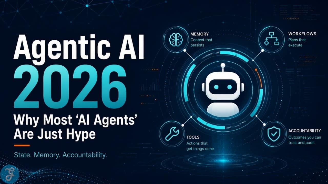 Featured image for an OP-ED on agentic AI 2026, showing a futuristic AI agent interface with memory, workflows, tools, and accountability icons beside the headline “Why Most AI Agents Are Just Hype.”
