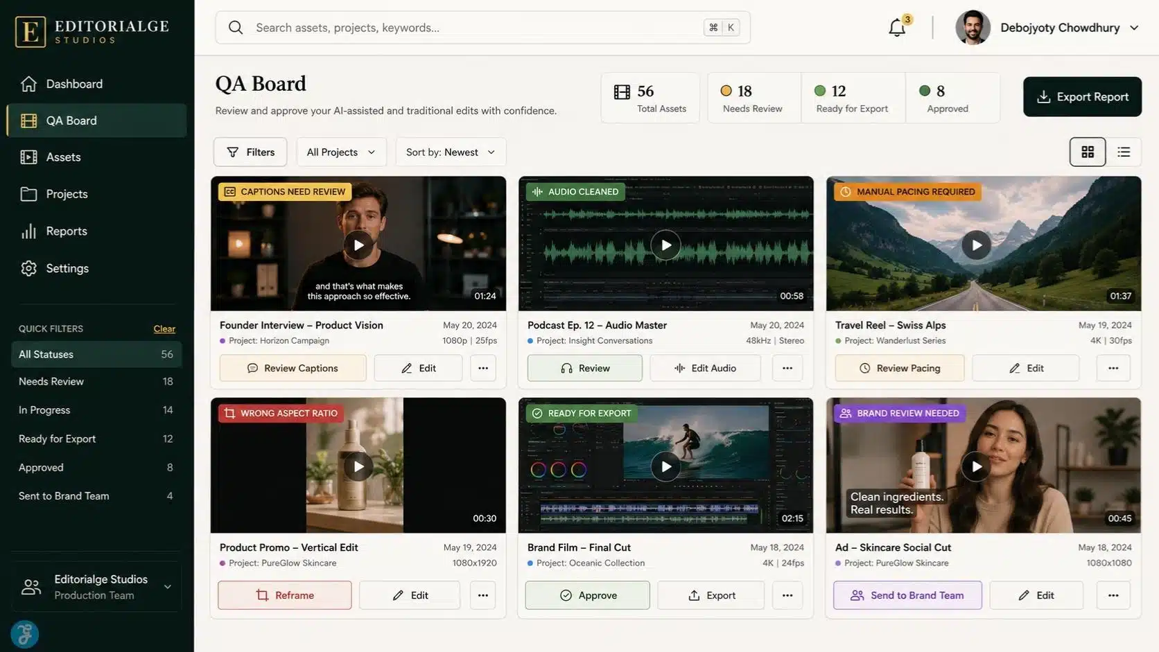 Video editing QA dashboard for AI and traditional editing review