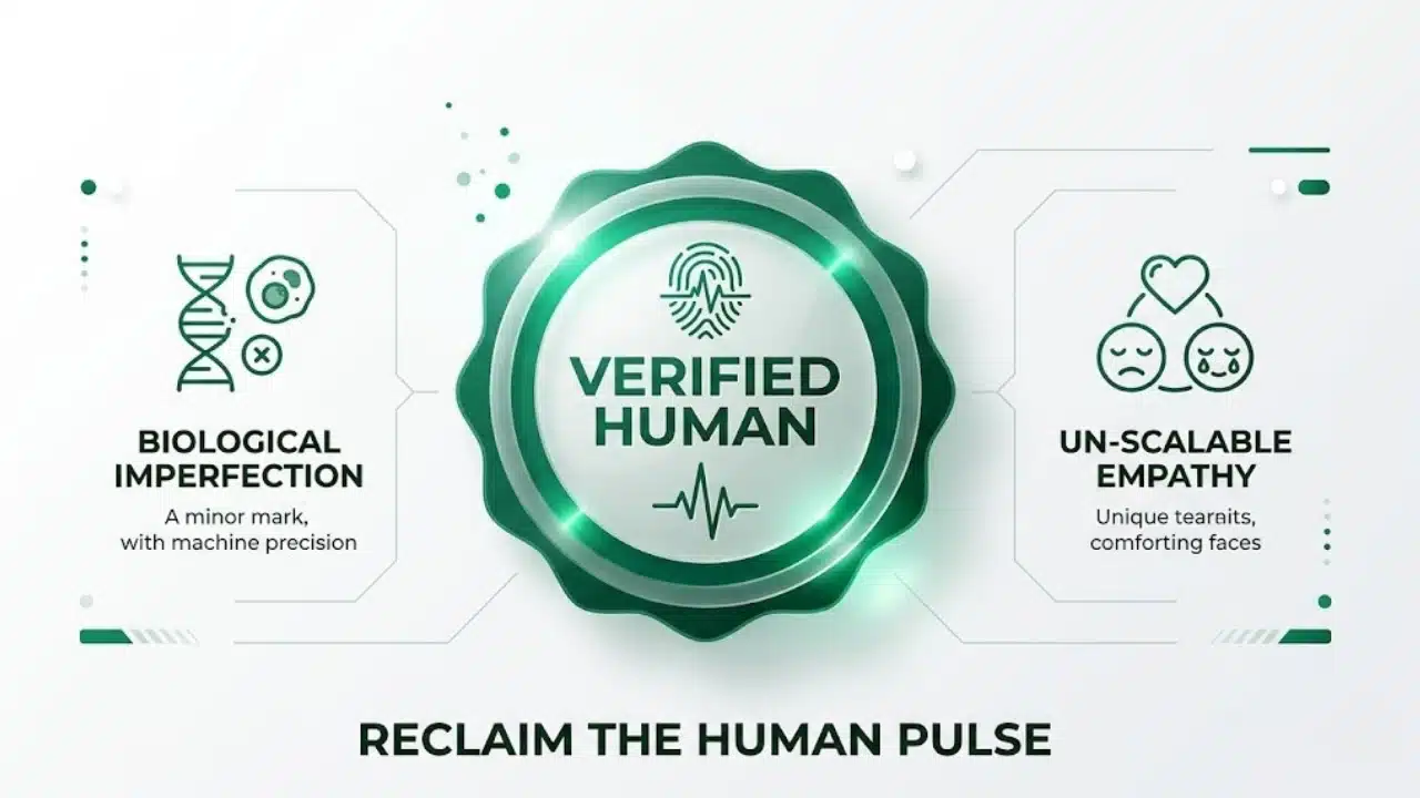 Modern infographic featuring a Verified Human badge icon surrounded by metrics of genuine biological connection.