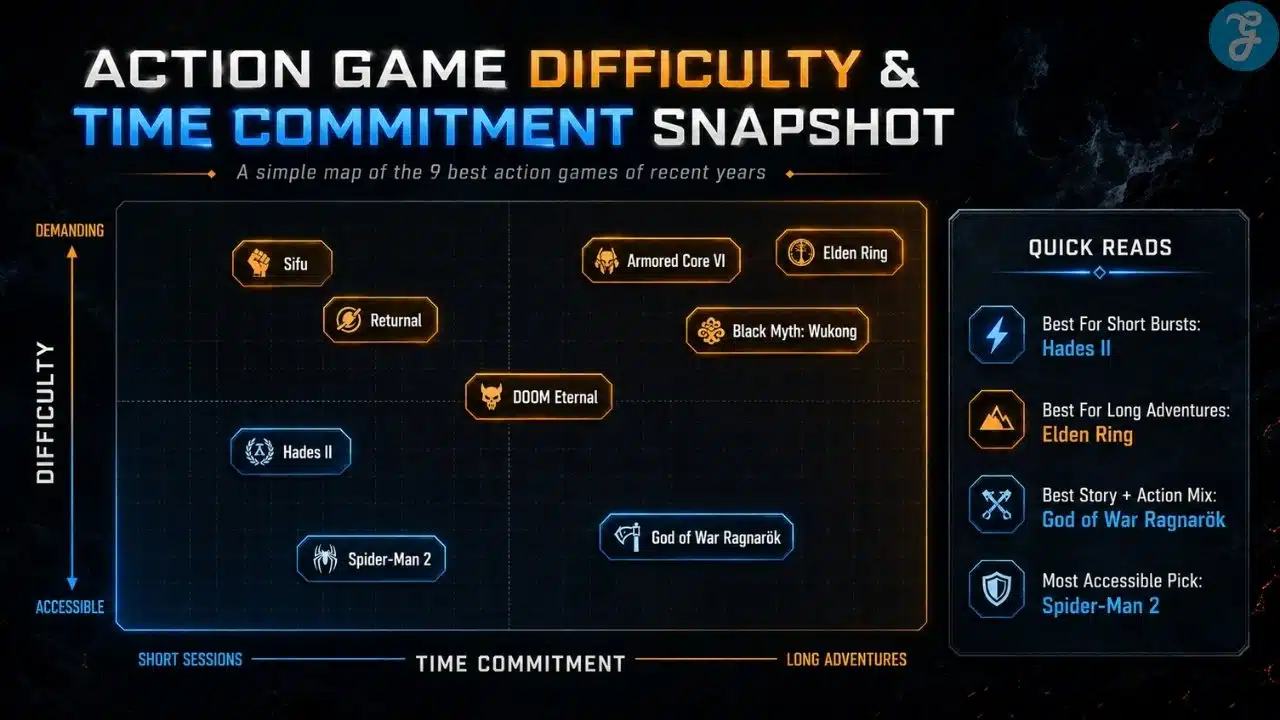 Infographic comparing recent action games by difficulty level and time commitment.