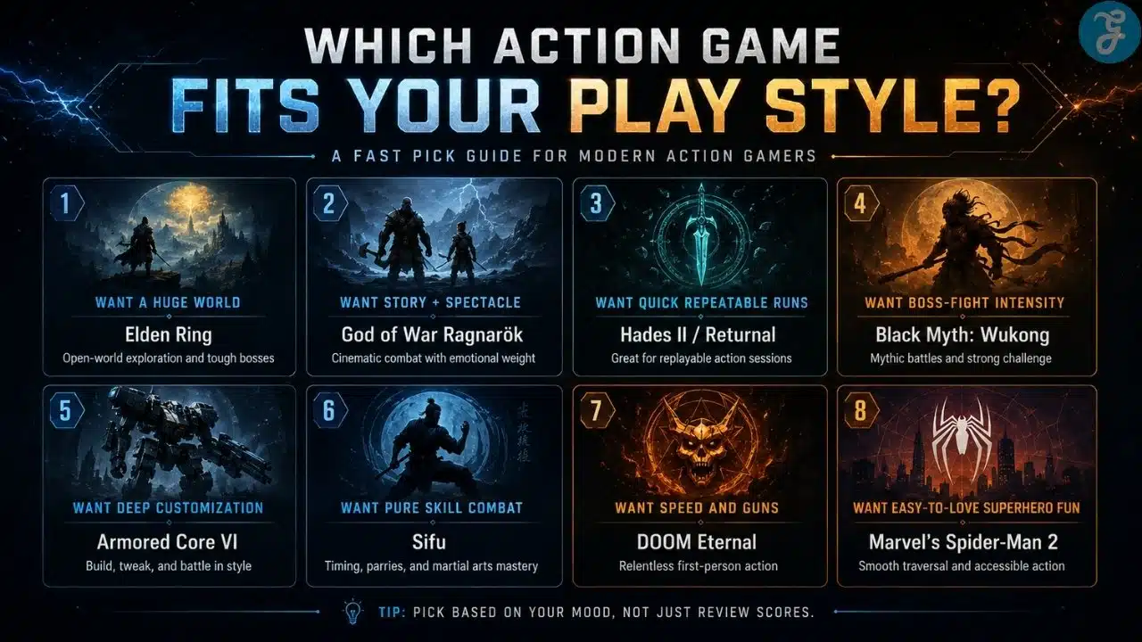 Infographic showing which action game fits different player styles, from open-world exploration to fast shooters