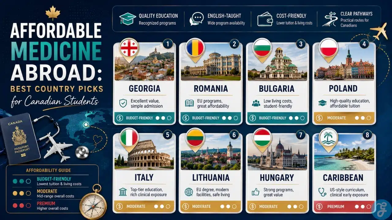 Infographic showing affordable medicine abroad options for Canadian students, highlighting countries such as Georgia, Romania, Bulgaria, Poland, Italy, Lithuania, Hungary, and the Caribbean.