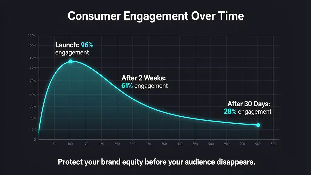 Minimalist line graph showing a massive drop in brand equity once consumers discover the synthetic nature of an influencer.