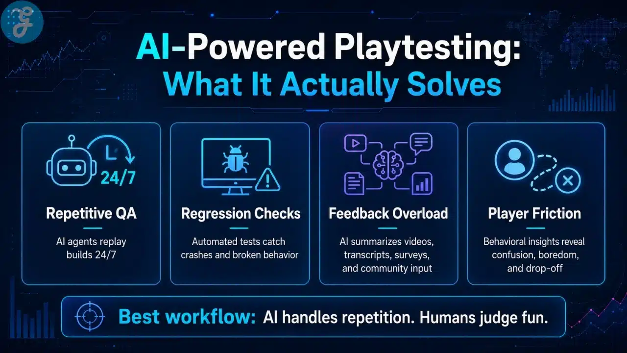 Infographic showing how AI-powered playtesting helps with repetitive QA, regression checks, feedback analysis, and player friction.