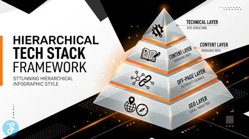 A pyramid-style infographic showing the different layers of AI tools used in international SEO, from technical audits to topical authority.