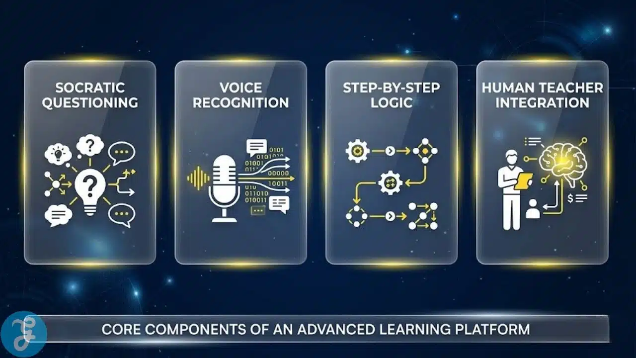 Infographic showing the core pedagogical mechanisms used by modern AI tutoring platforms.