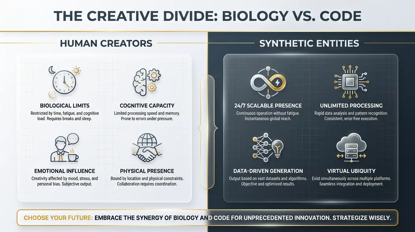 Infographic comparing the constant availability of synthetic AI influencers against the biological limitations of human creators.