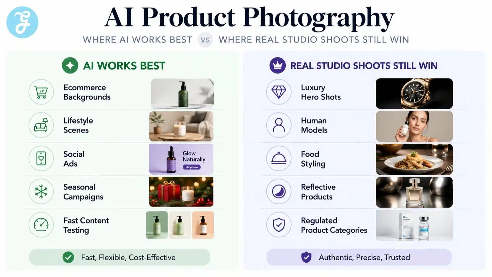 Infographic comparing where AI Product Photography works best versus where real studio shoots still win, including ecommerce backgrounds, lifestyle scenes, social ads, luxury hero shots, human models, food styling, reflective products, and regulated product categories.