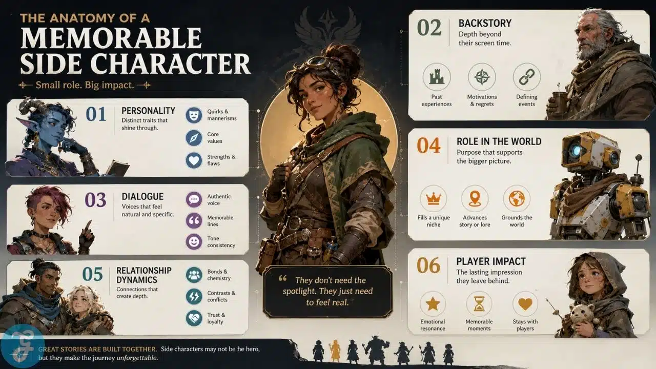 Anatomy of a memorable side character showing personality, backstory, dialogue, world role, relationships, and player impact.