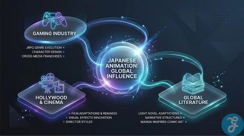 An infographic showing the flow of Japanese anime narrative styles into global media and cinema.