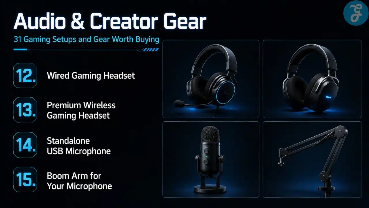 Infographic showing gaming audio and creator gear including wired headset, wireless headset, USB microphone, and microphone boom arm.