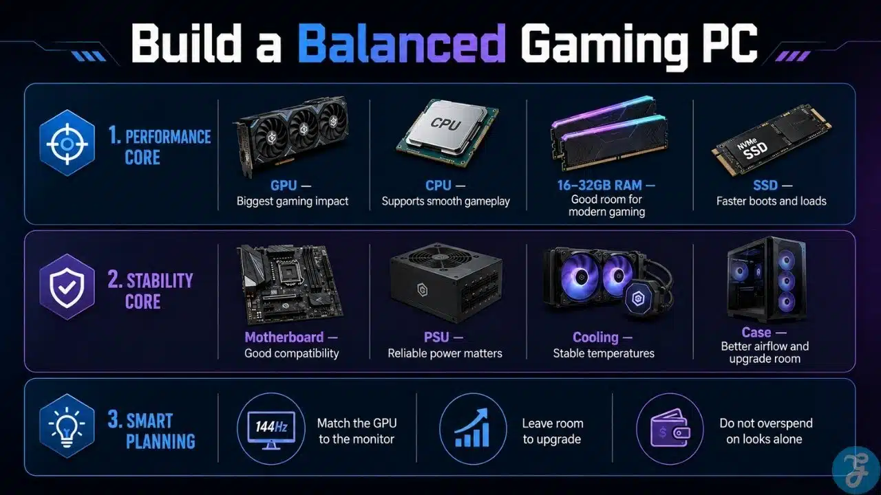 Balanced gaming PC build guide showing performance parts, stability parts, and smart planning tips
