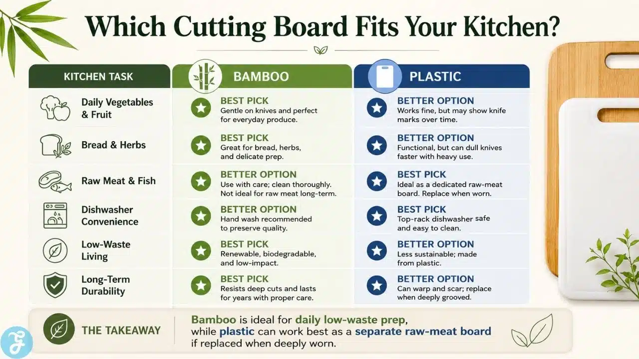 Bamboo vs plastic cutting board comparison by kitchen task