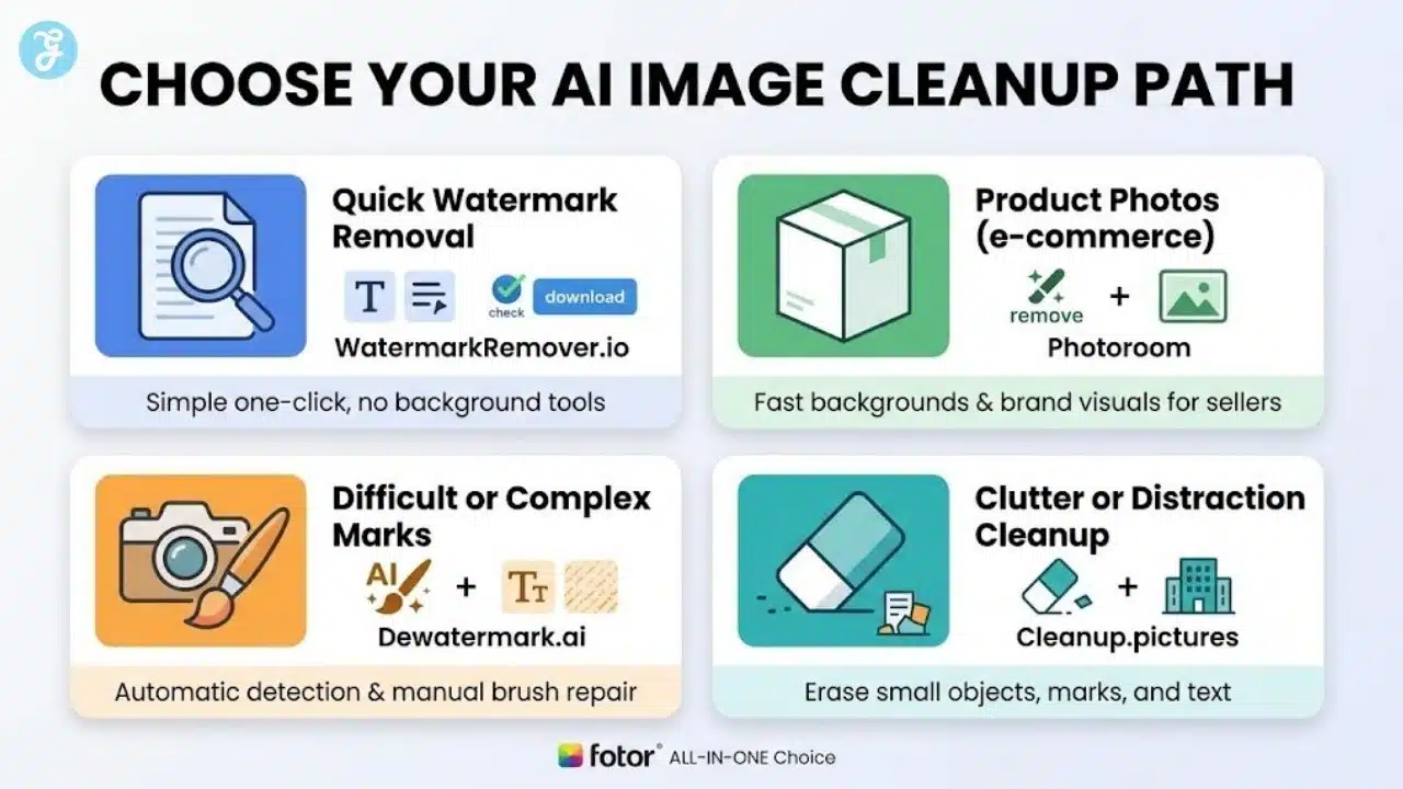 Infographic showing 4 decision paths for AI image cleanup