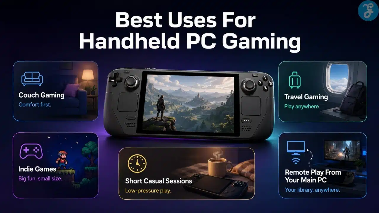 Handheld PC gaming infographic showing couch gaming, travel gaming, indie games, casual sessions, and remote play