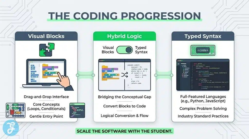 The progression from block coding to text syntax in STEM learning tools in USA.