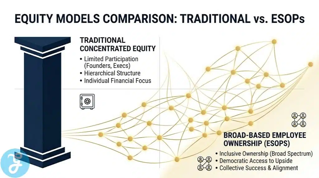 An infographic comparing traditional concentrated corporate ownership with broad-based employee share schemes.