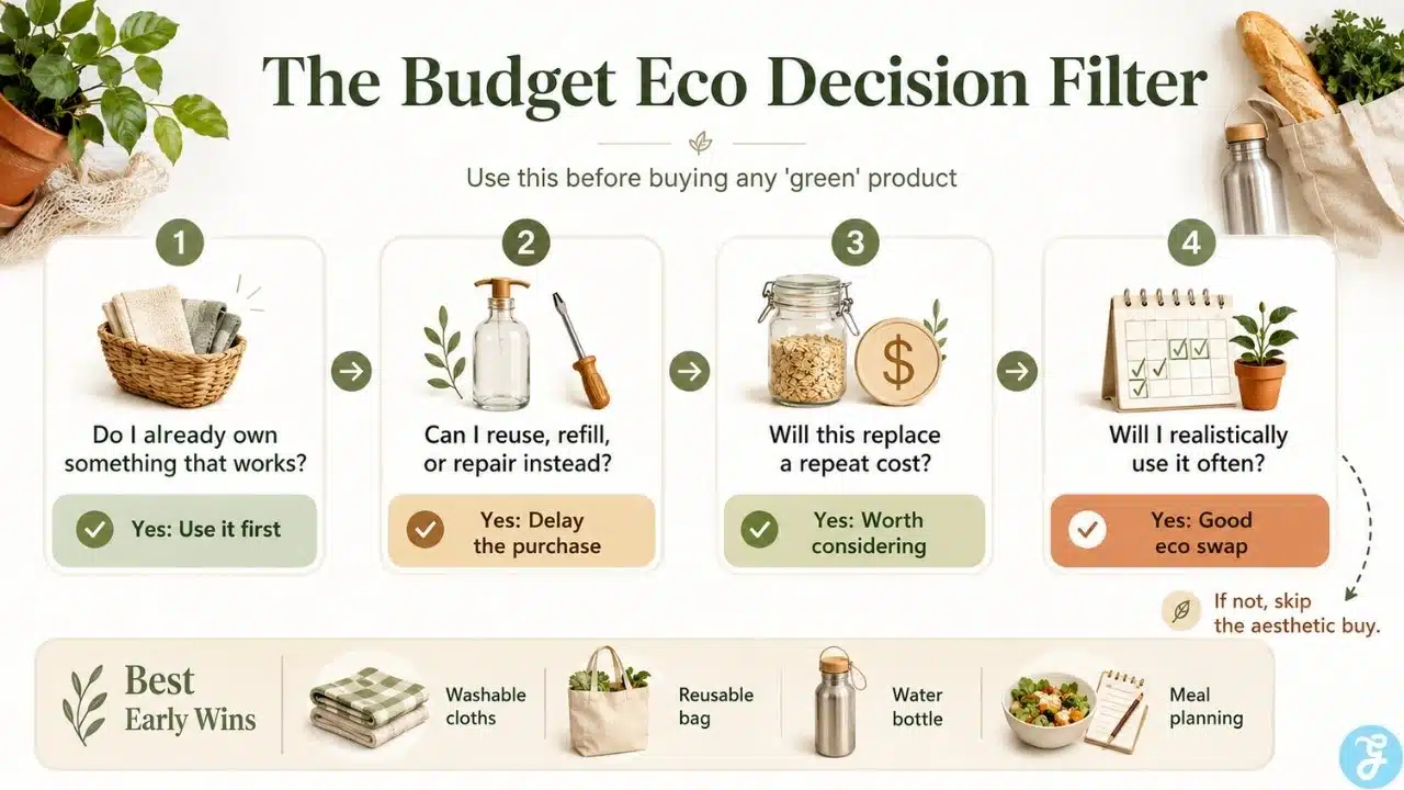 Budget eco decision filter infographic for choosing practical reusable and low-waste swaps.