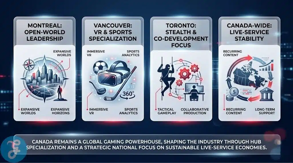 infographic showing the regional specialties of the Canadian game development ecosystem.