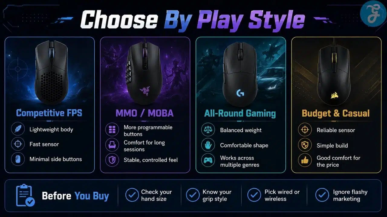 Infographic showing how to choose a gaming mouse by FPS, MMO, all-round gaming, and budget play styles
