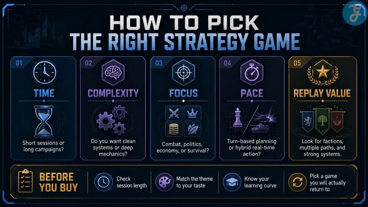 Infographic explaining strategy game styles including 4X empire, grand strategy, tactical strategy, and city survival games.