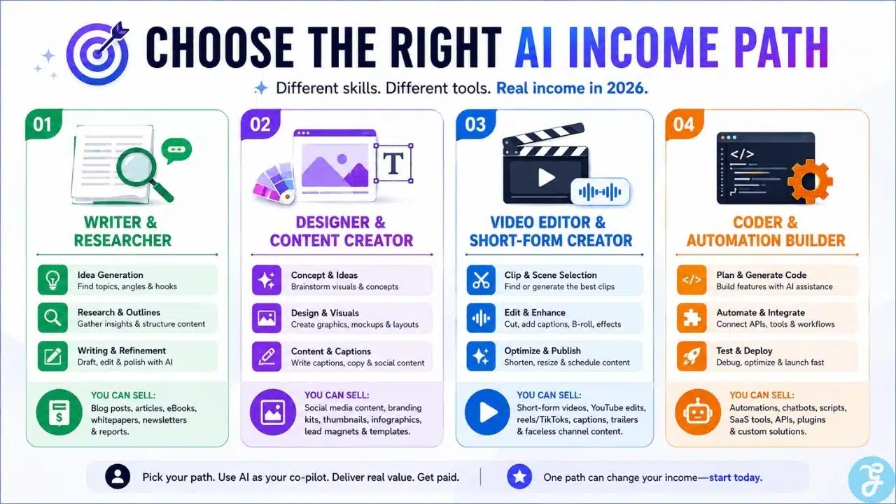 Infographic showing different AI income paths in 2026, including writer and researcher, designer and content creator, video editor and short-form creator, and coder and automation builder.