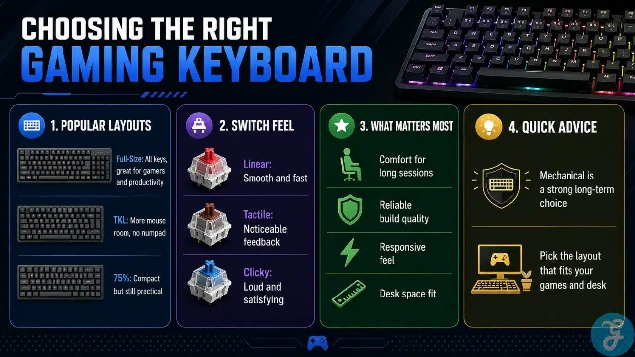 Gaming keyboard guide showing layouts, switch types, comfort, and buying advice