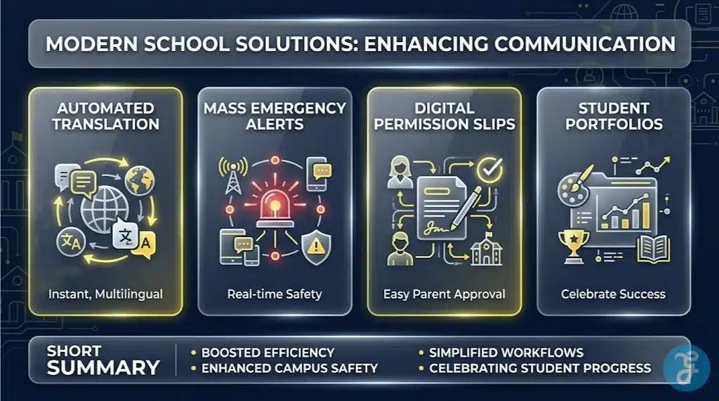 Infographic showing the core features of a modern school communication app.