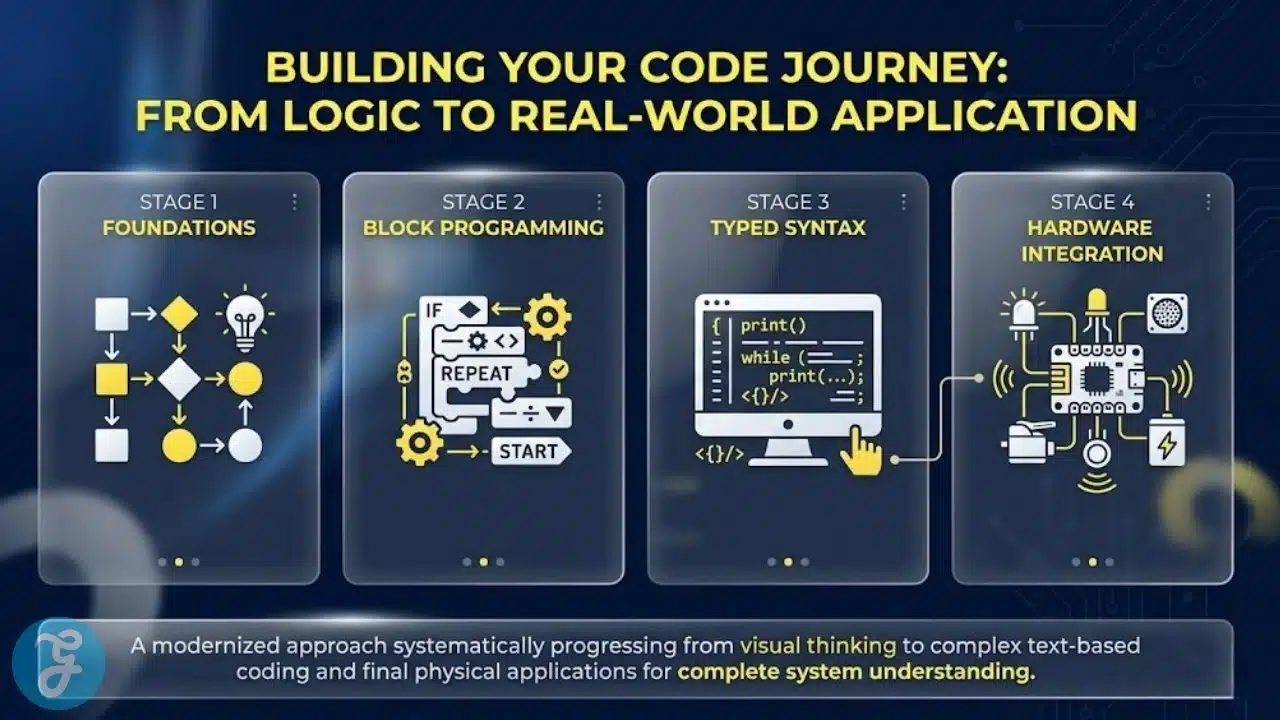 Infographic showing the pedagogical progression from visual block coding to typed programming languages.