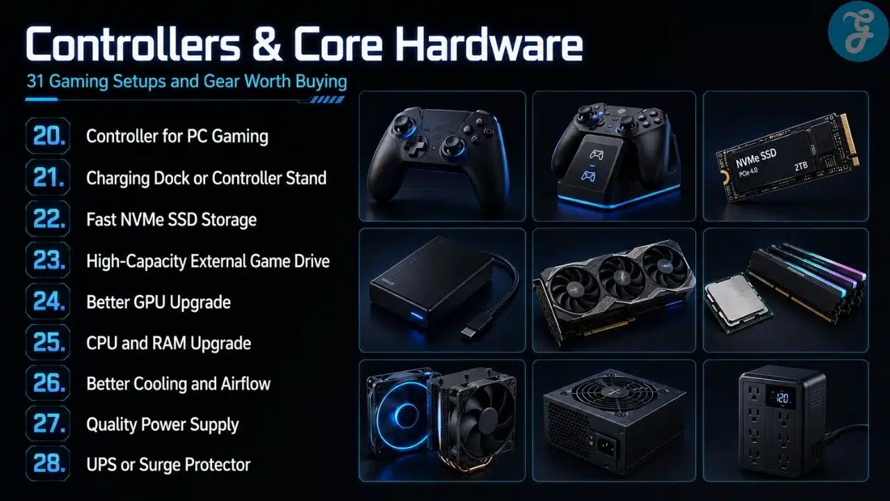 Infographic showing controller and PC hardware upgrades including controller, charging dock, NVMe SSD, external drive, GPU, CPU, RAM, cooling, PSU, and UPS.
