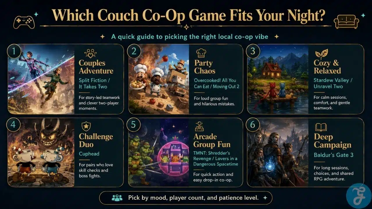 Infographic showing which couch co-op game fits different moods, including couples adventure, party chaos, cozy play, challenge, and deep campaign.