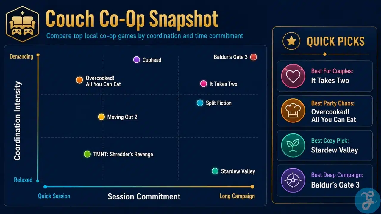 Infographic comparing couch co-op games by coordination intensity, session commitment, and quick recommendation categories.