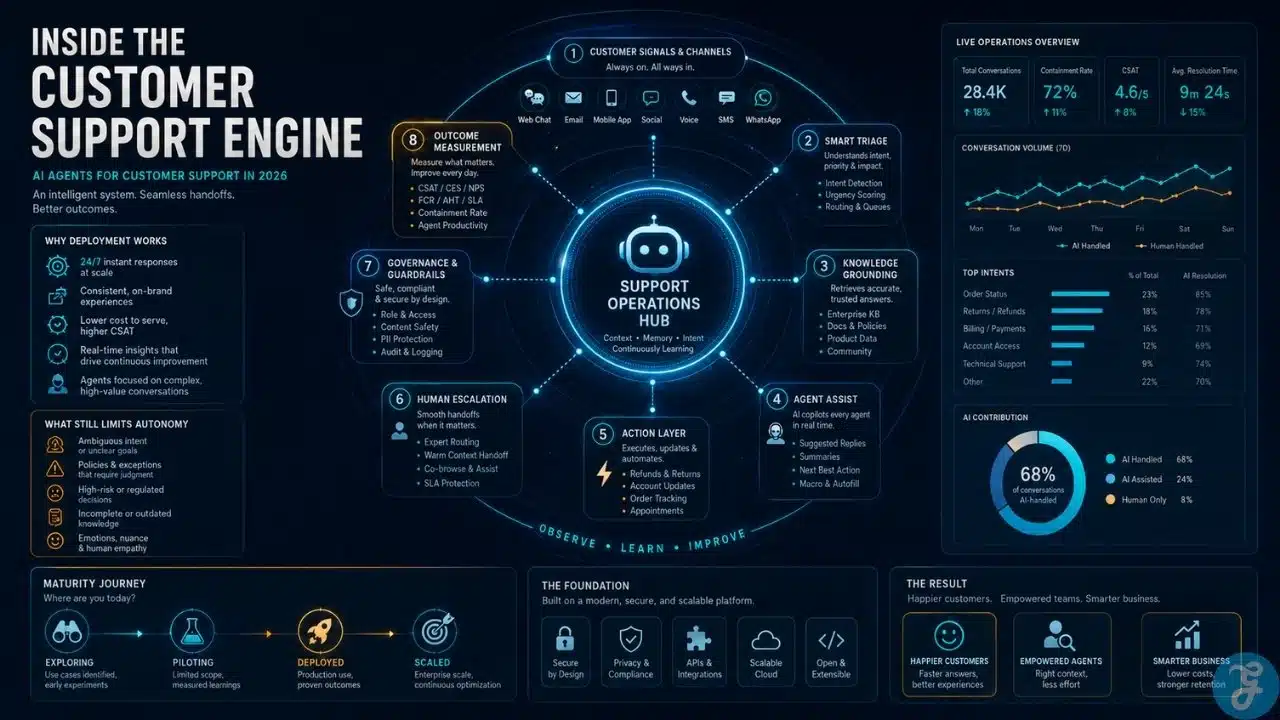 Infographic explaining a modern AI-powered customer support engine, with connected layers for customer channels, smart triage, knowledge grounding, agent assist, action execution, human escalation, governance, and outcome measurement.