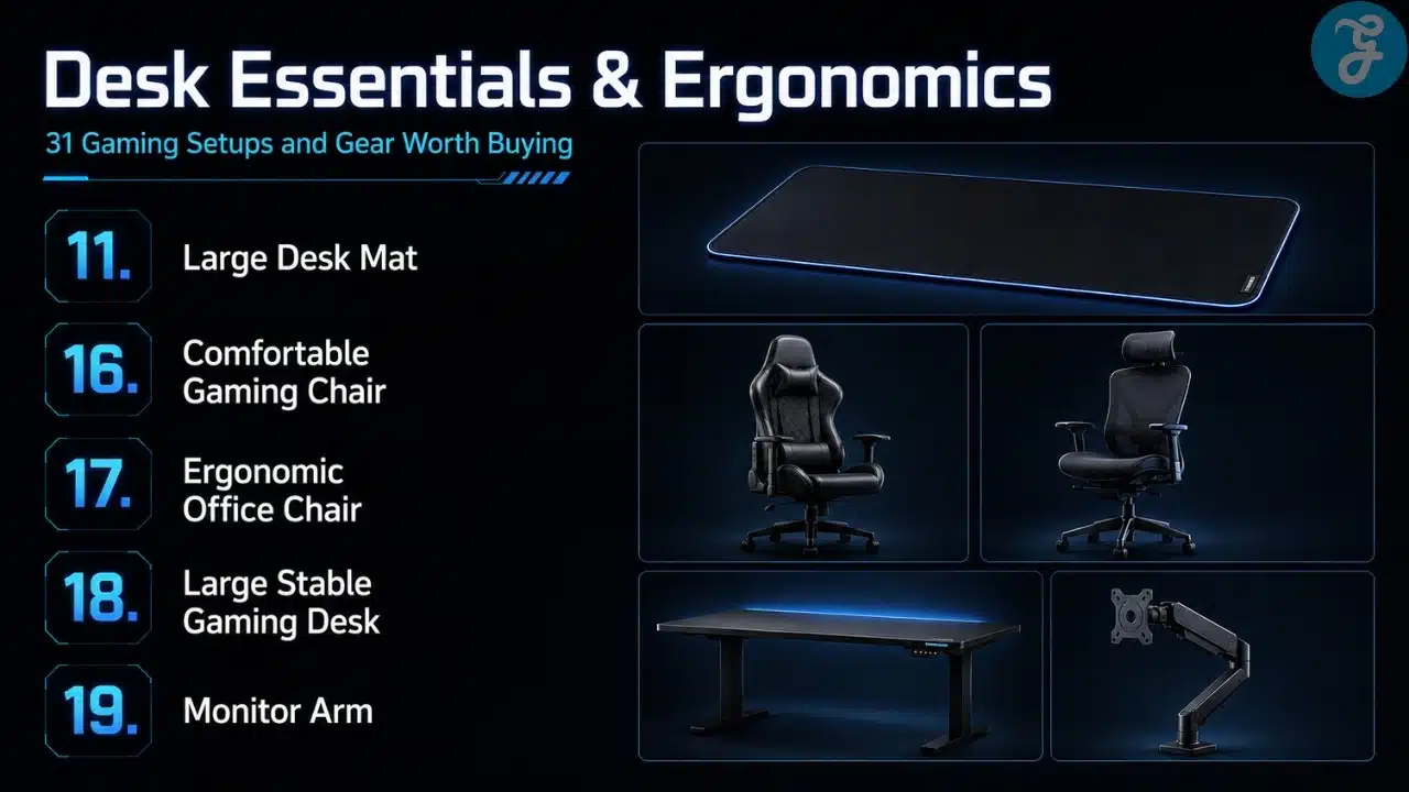 Infographic showing desk and comfort upgrades including large desk mat, gaming chair, ergonomic office chair, gaming desk, and monitor arm.