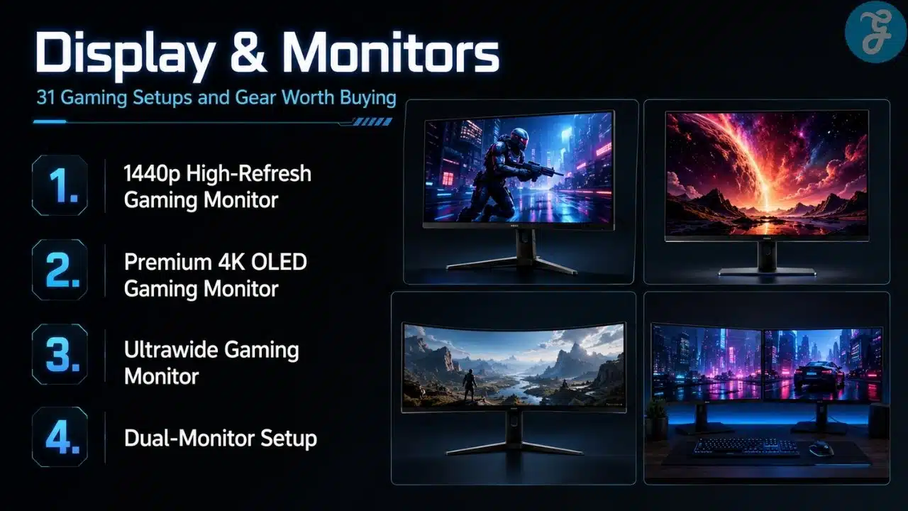 Infographic showing gaming display upgrades including 1440p high-refresh monitor, 4K OLED monitor, ultrawide monitor, and dual-monitor setup.