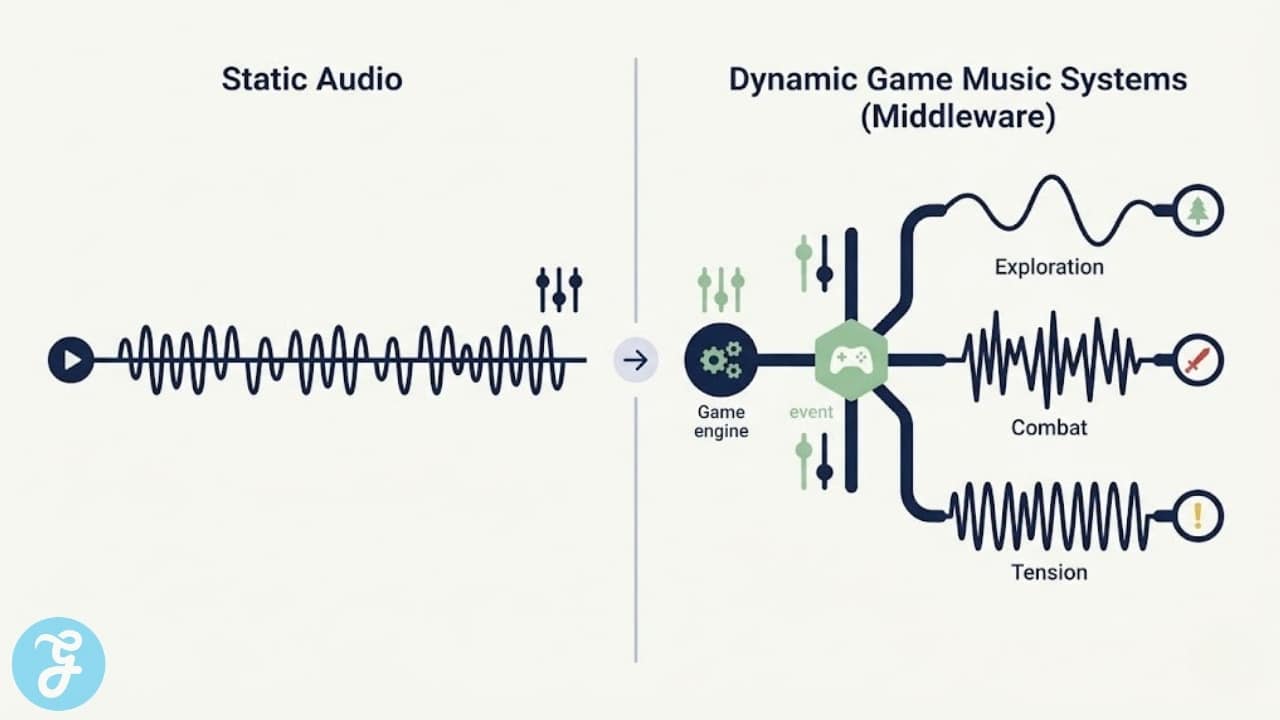 Visual comparison between static audio tracks and dynamic, engine-driven music systems