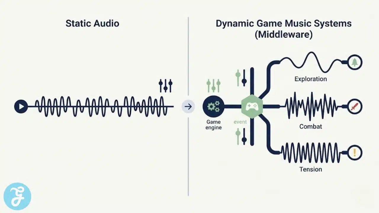 Visual comparison between static audio tracks and dynamic, engine-driven music systems