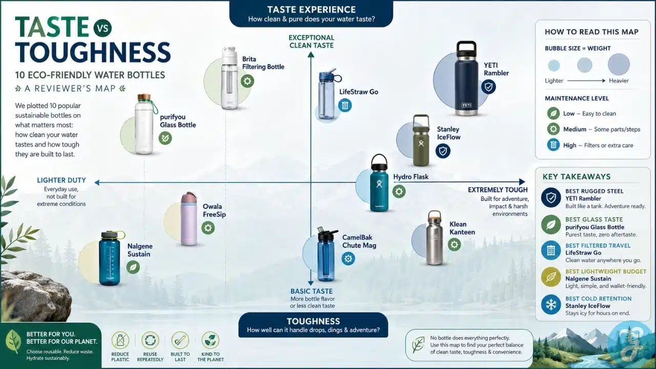 Infographic comparing eco-friendly water bottles by taste, toughness, weight, maintenance level, and best-use cases for everyday hydration, travel, outdoor use, and clean water taste.