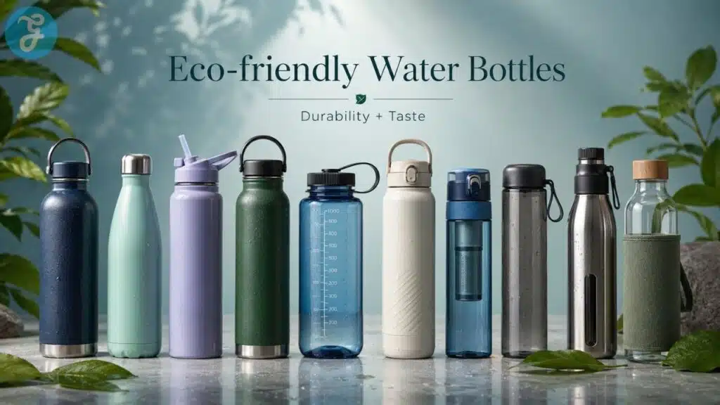 Eco-friendly water bottles displayed in a clean natural setting, showing reusable stainless steel, recycled plastic, filtered, and glass bottle options for durability and taste.