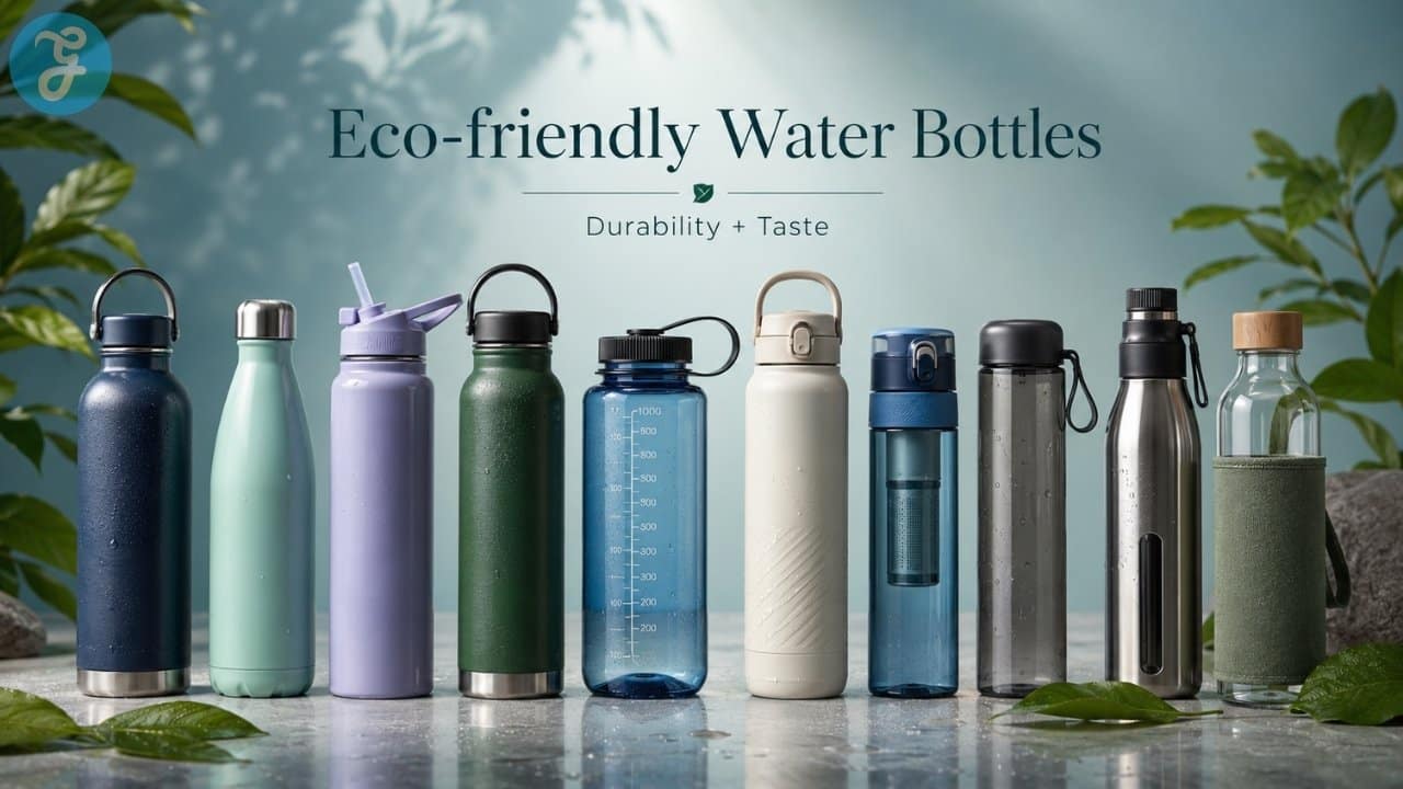 Eco-friendly water bottles displayed in a clean natural setting, showing reusable stainless steel, recycled plastic, filtered, and glass bottle options for durability and taste.