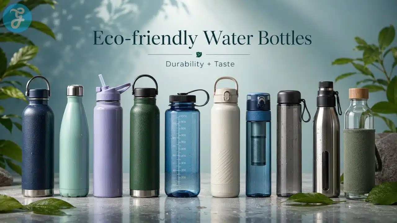 Eco-friendly water bottles displayed in a clean natural setting, showing reusable stainless steel, recycled plastic, filtered, and glass bottle options for durability and taste.