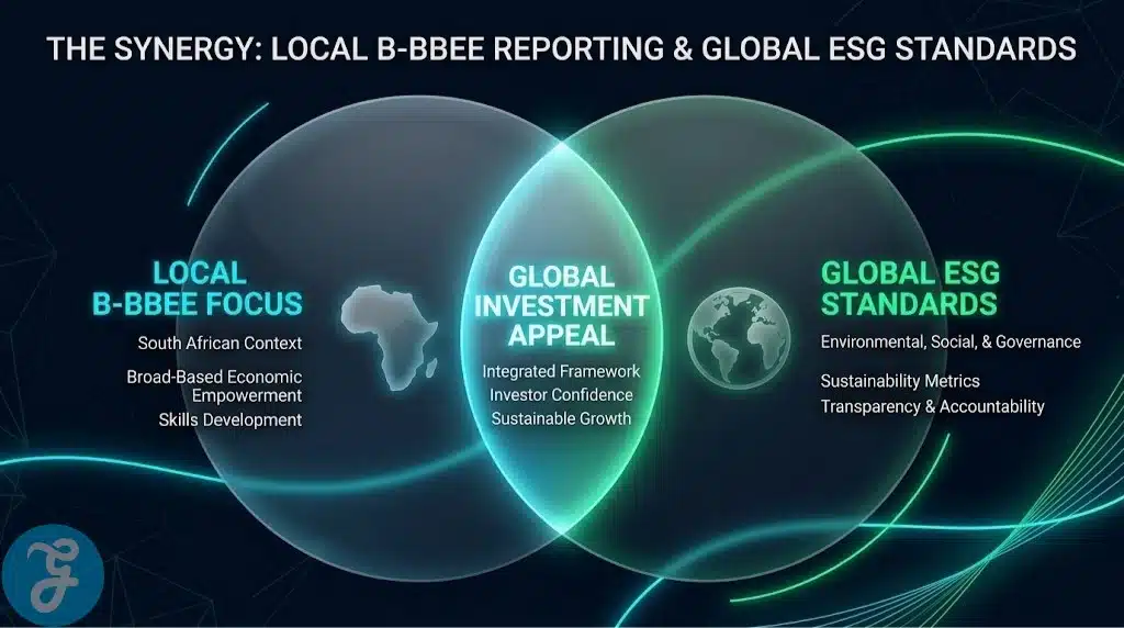 A visual model showing the integration of local B-BBEE scorecards with global ESG reporting standards.